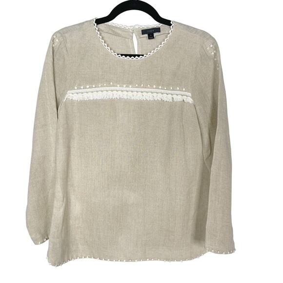 J Crew Womens Size 2 Cream White Embroidered Linen Top with Pom Poms Crew Neck - Picture 1 of 12